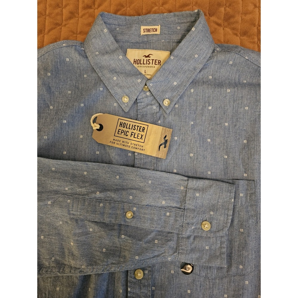 NWT Hollister Men's Long Sleeve Blue Front Pocket Stretch Button-Up Shirt, Sz LG